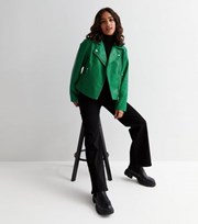 New Look Petite Green Quilted Leather-Look Biker Jacket